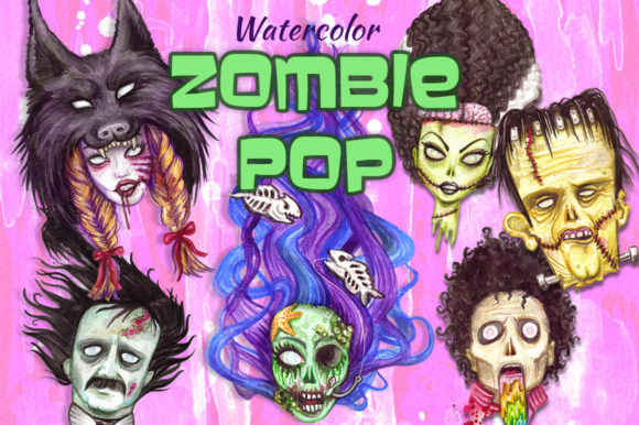 Download Watercolor Zombie Pop Illustrations Set - Zombie Collection